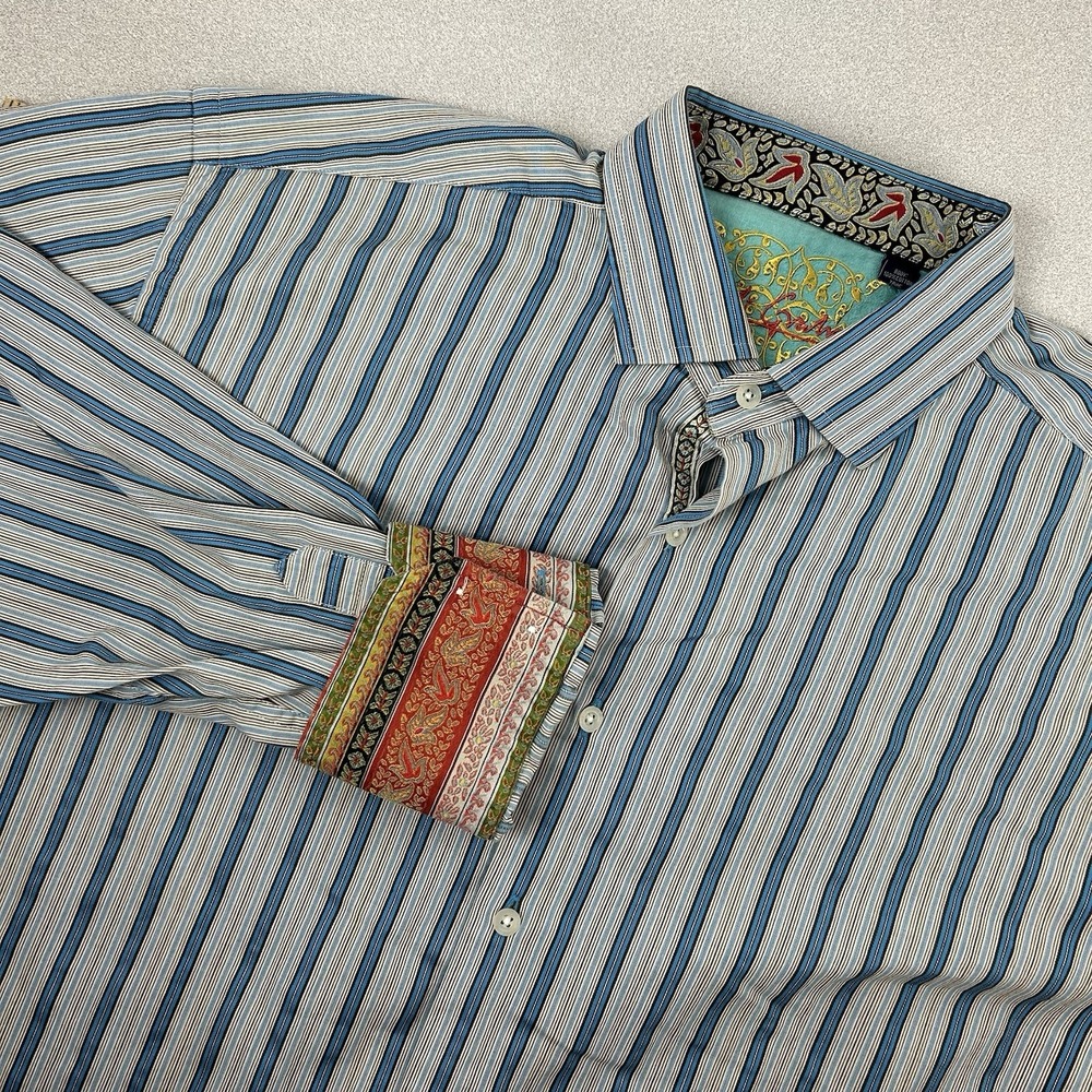 Robert Graham Flip Cuff Shirt Mens 2XL Striped Cotton Silk Long Sleeve Casual‎